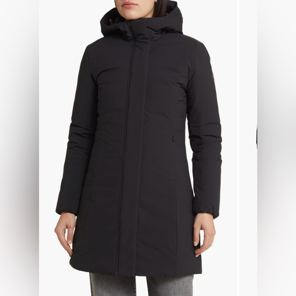 EUC Save The Duck Leyla Women's Black Hooded Jacket. Recycled/waterproof. Size 3